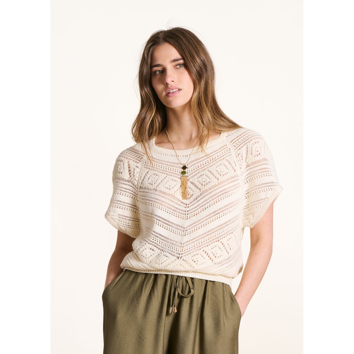 Pull manches courtes en maille ajourée ecru, LA FEE MARABOUTEE