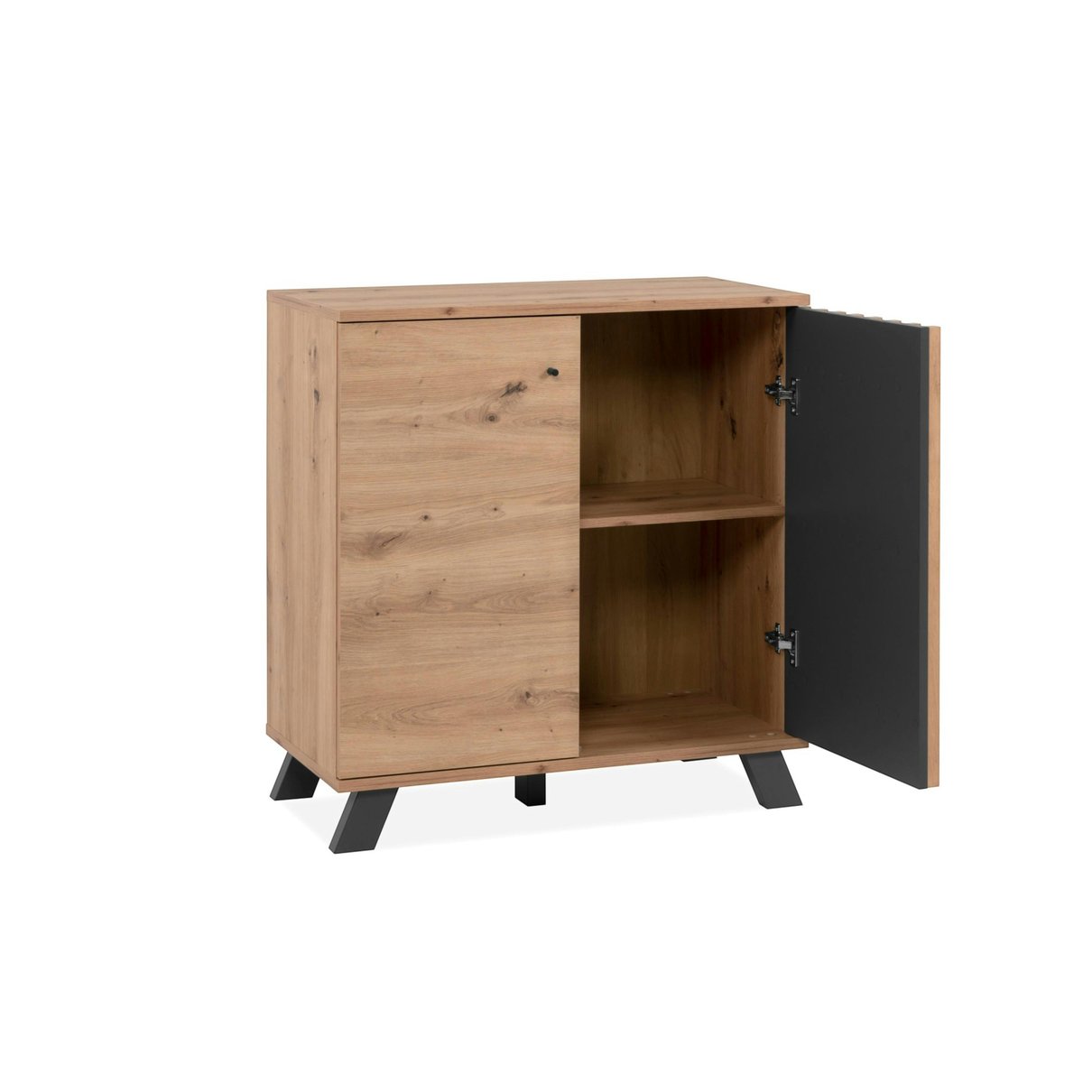 Petit buffet moderne 1 porte noire rainurée ALVA bois naturel, PIER IMPORT