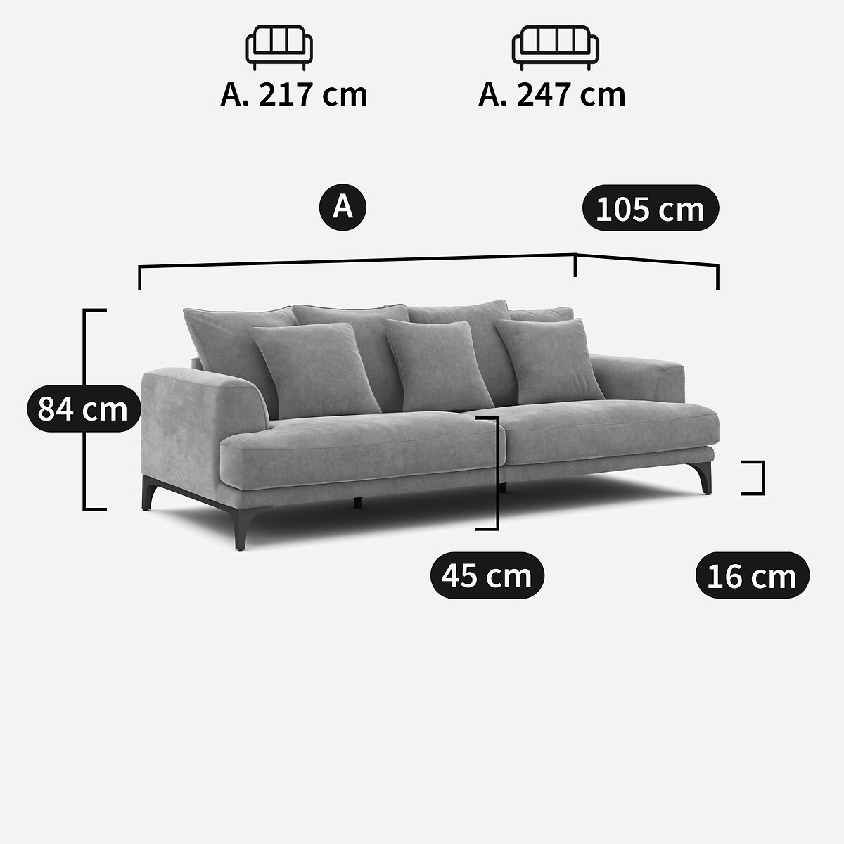 Canapé 3 ou 4 places, en velours stonewashed, ARMENTO gris shiitaké, AM.PM