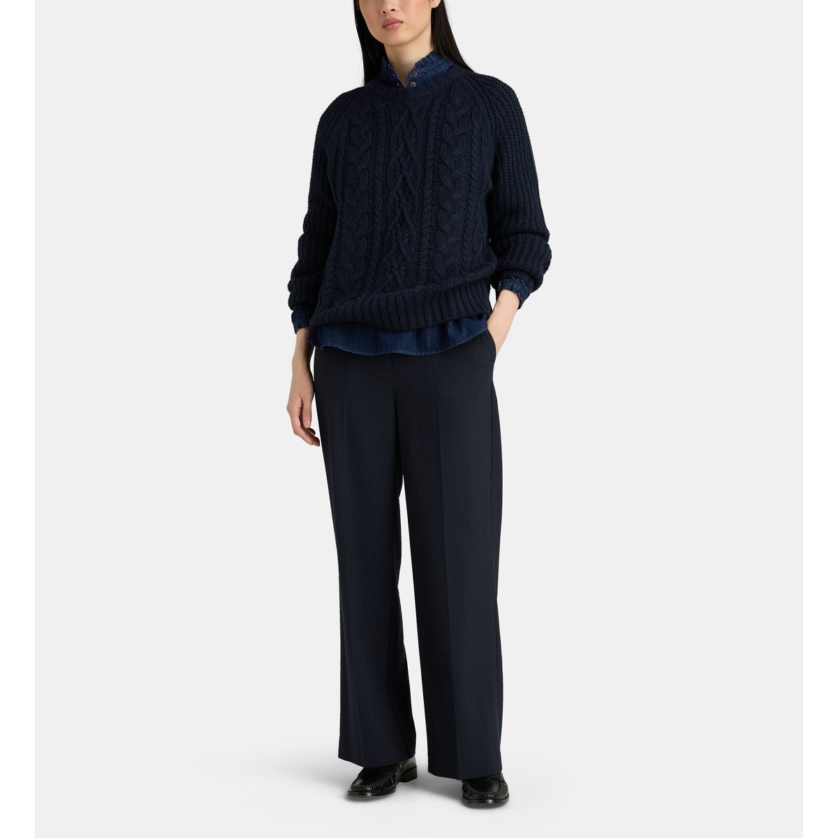 Pull droit obel torsades coton et laine bleu marine, JODHPUR