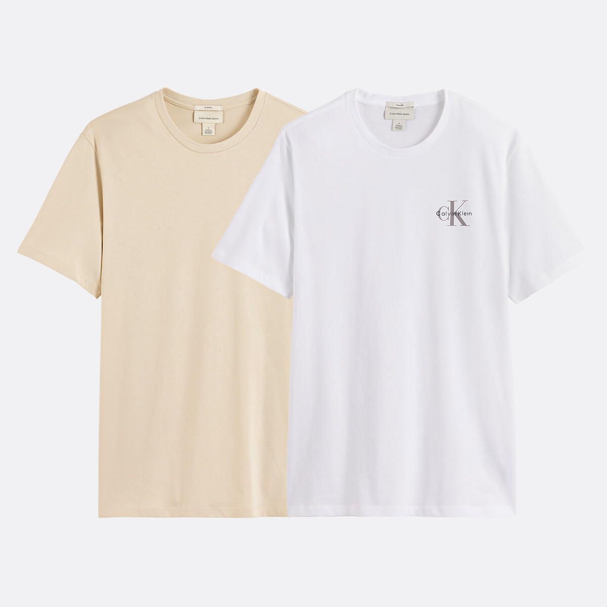 Lot de 2 T-shirts manches courtes à logo blanc + beige, CALVIN KLEIN JEANS