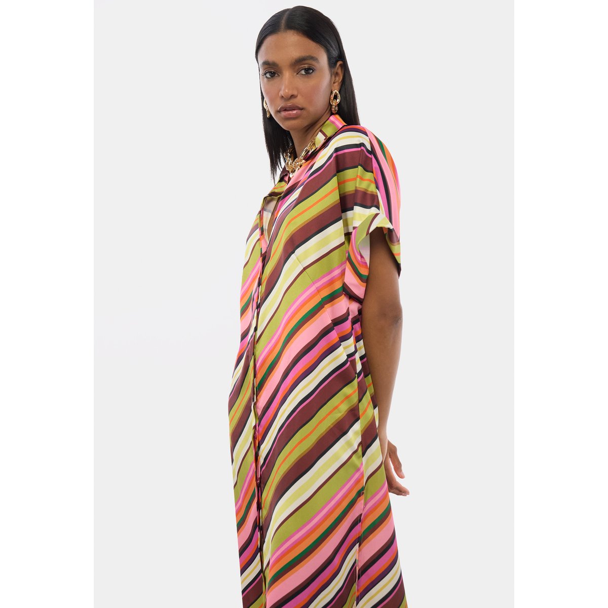 Robe chemise en satin à rayures diagonales multicolores ecru, LOLA CASADEMUNT