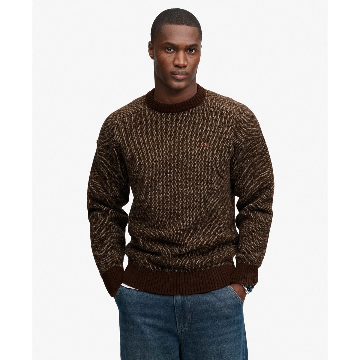 Pull Birdseye Knit coupe décontractée brun chocolat œil-de-perdrix, SUPERDRY