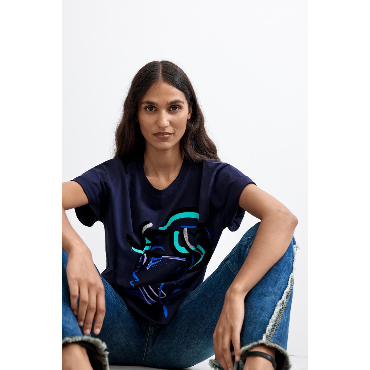 T-shirt imprimé 100 % coton bleu, DESIGUAL