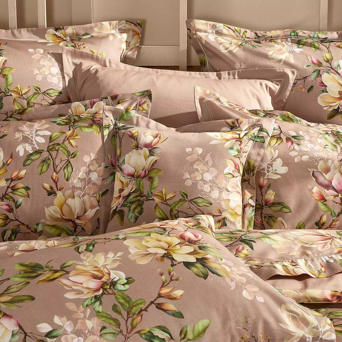 Taie d'oreiller satin de coton MAGNOLIAS rose fume, GARNIER THIEBAUT