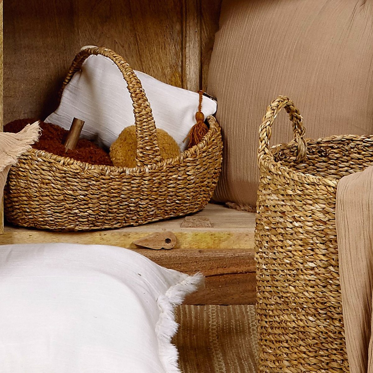 Panier à récolte en jacinthe d'eau tressée 40x25x15cm bois, WADIGA