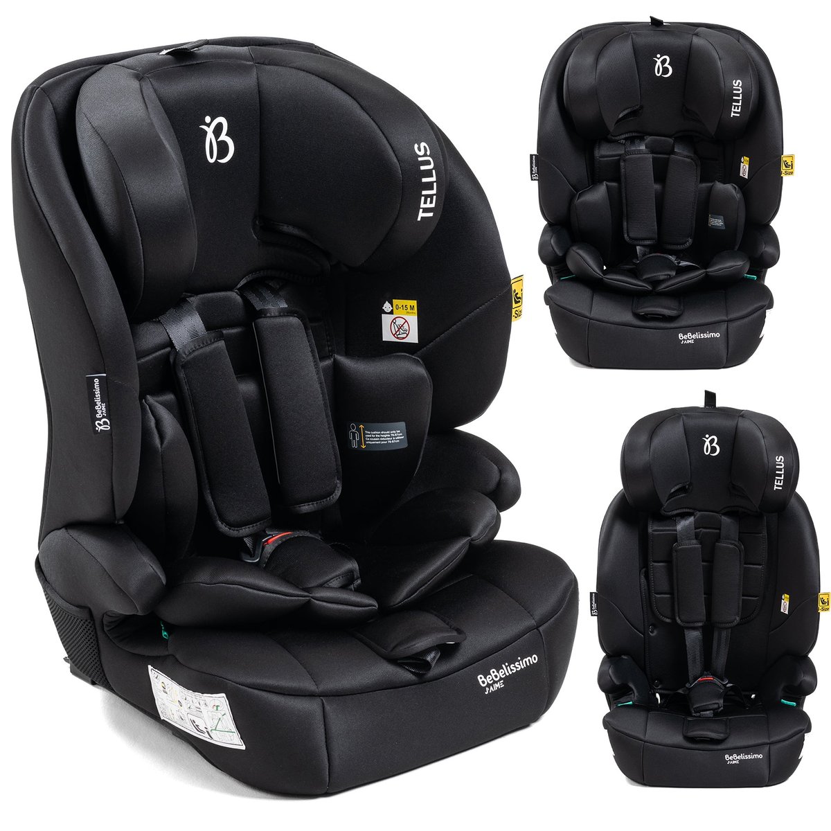 Siège auto bébé I-size  - 76 -150cm - Tellus - de 9 à 36 kg, 15 mois à 12 ans -gris noir, BEBELISSIMO J'AIME