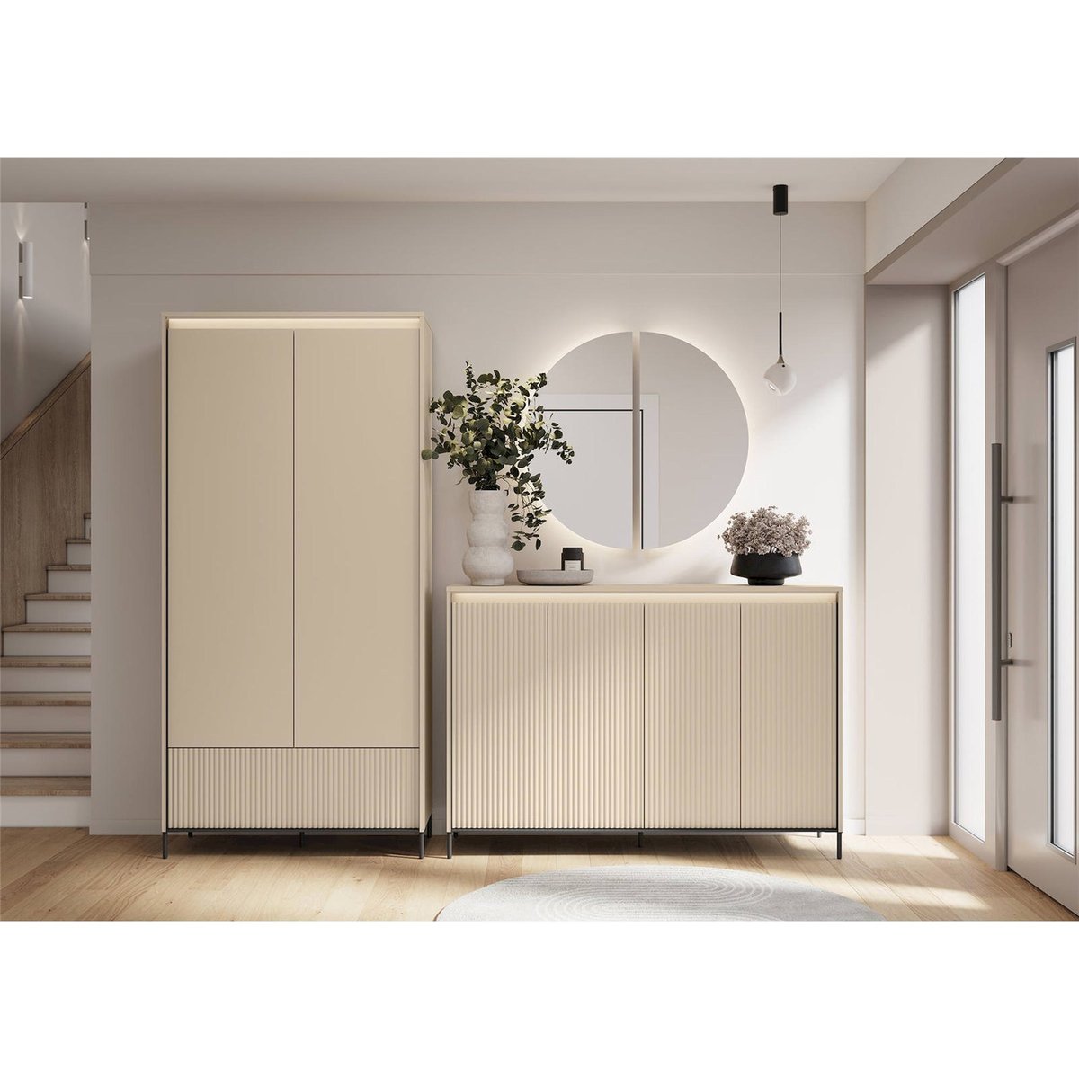 Buffet haut rainuré TREND avec éclairage LED beige sable et noir, RECOLLECTION