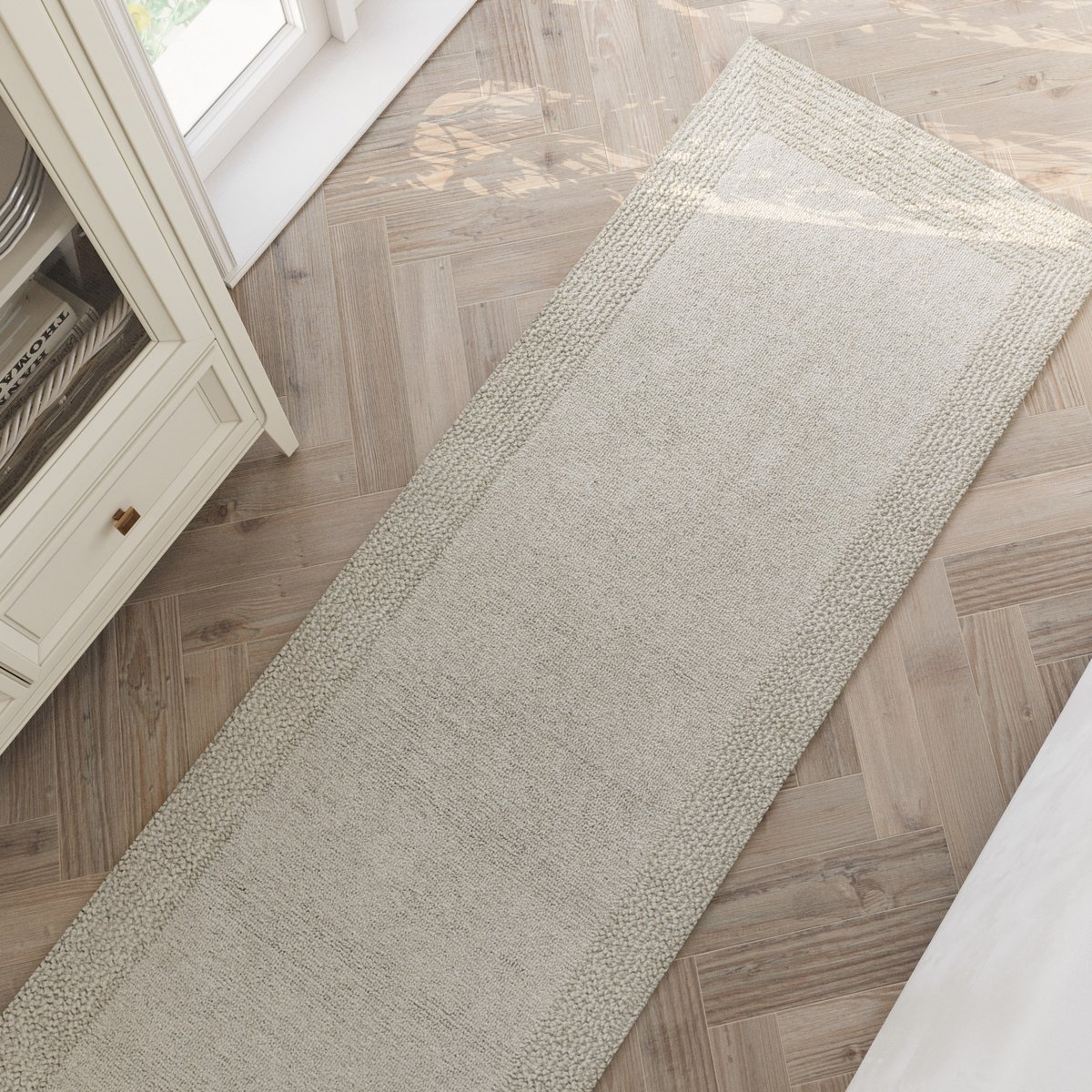 Tapis couloir uni avec bordure texturée , HAMPTONS TWENTYONE blanc crème, WECON HOME