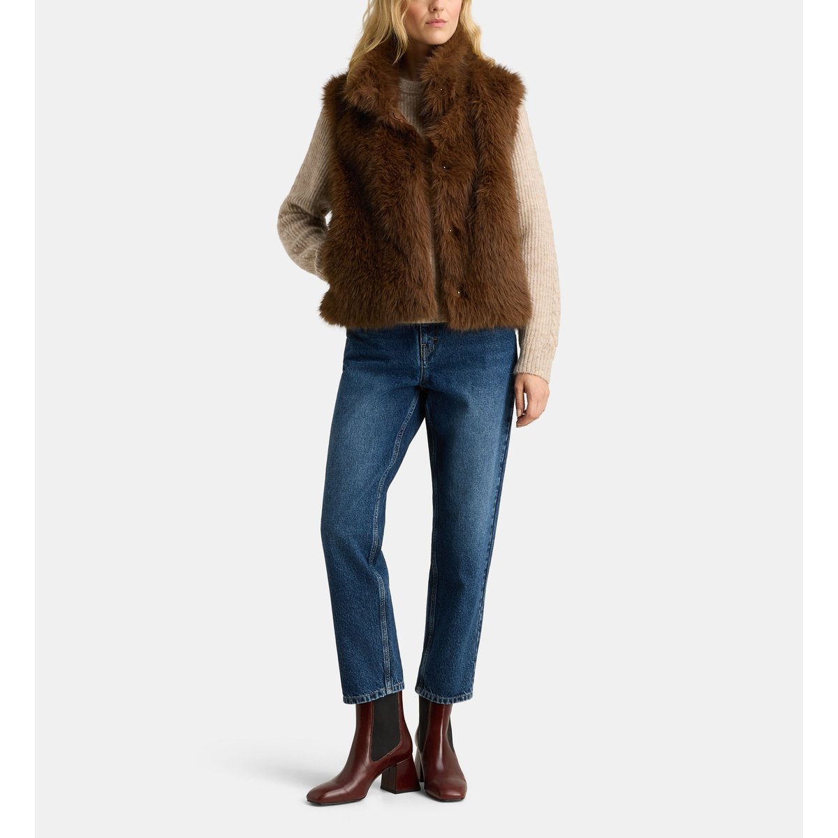 Veste sans manches diabolo fur marron foncé, GALERIES LAFAYETTE