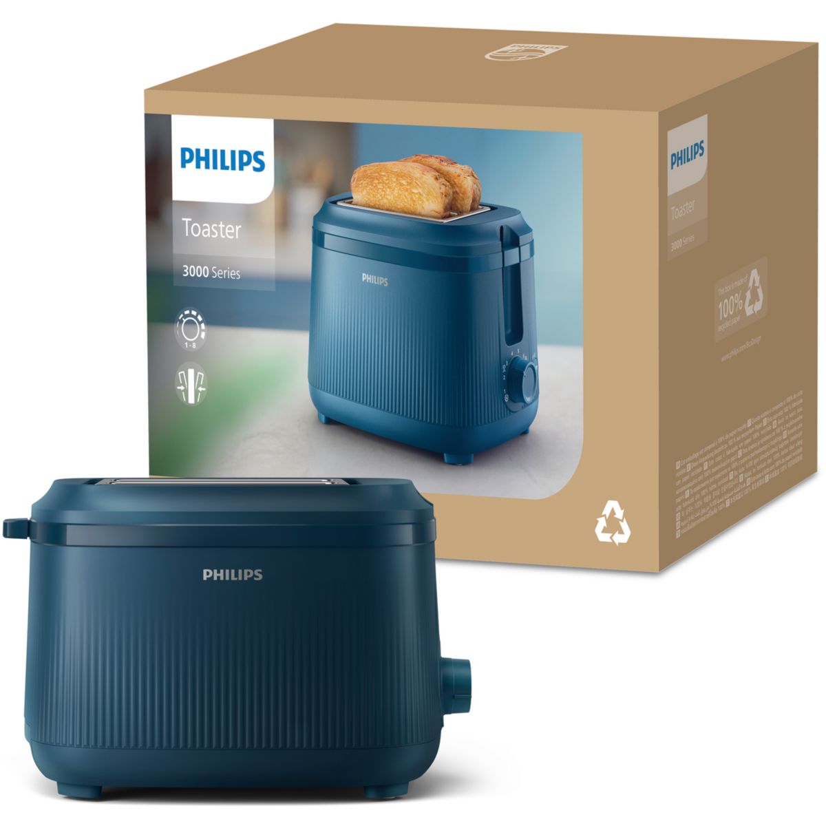 Grille-pain HD2511/70 Toaster bleu Série 3000, 2 fentes, 900W couleur unique, PHILIPS