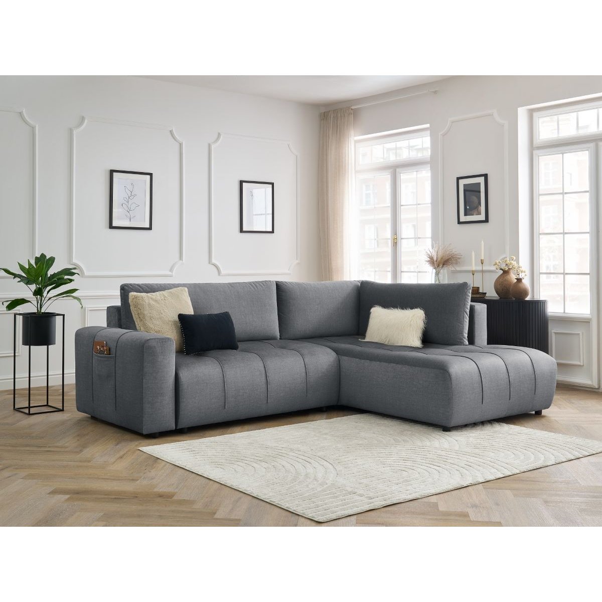 Canapé d'angle convertible 3 places en velours, ARSENE gris foncé, BOBOCHIC