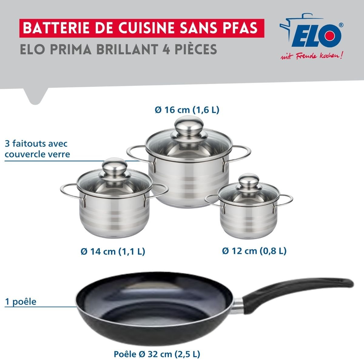 Batterie 1 poêle 32cm + 3 faitouts 12/14/16cm PRIMA BRILLANT noir, ELO
