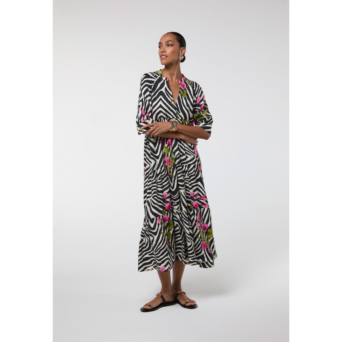 Robe longue fluide floral imprimé zèbre noir, LOLA CASADEMUNT