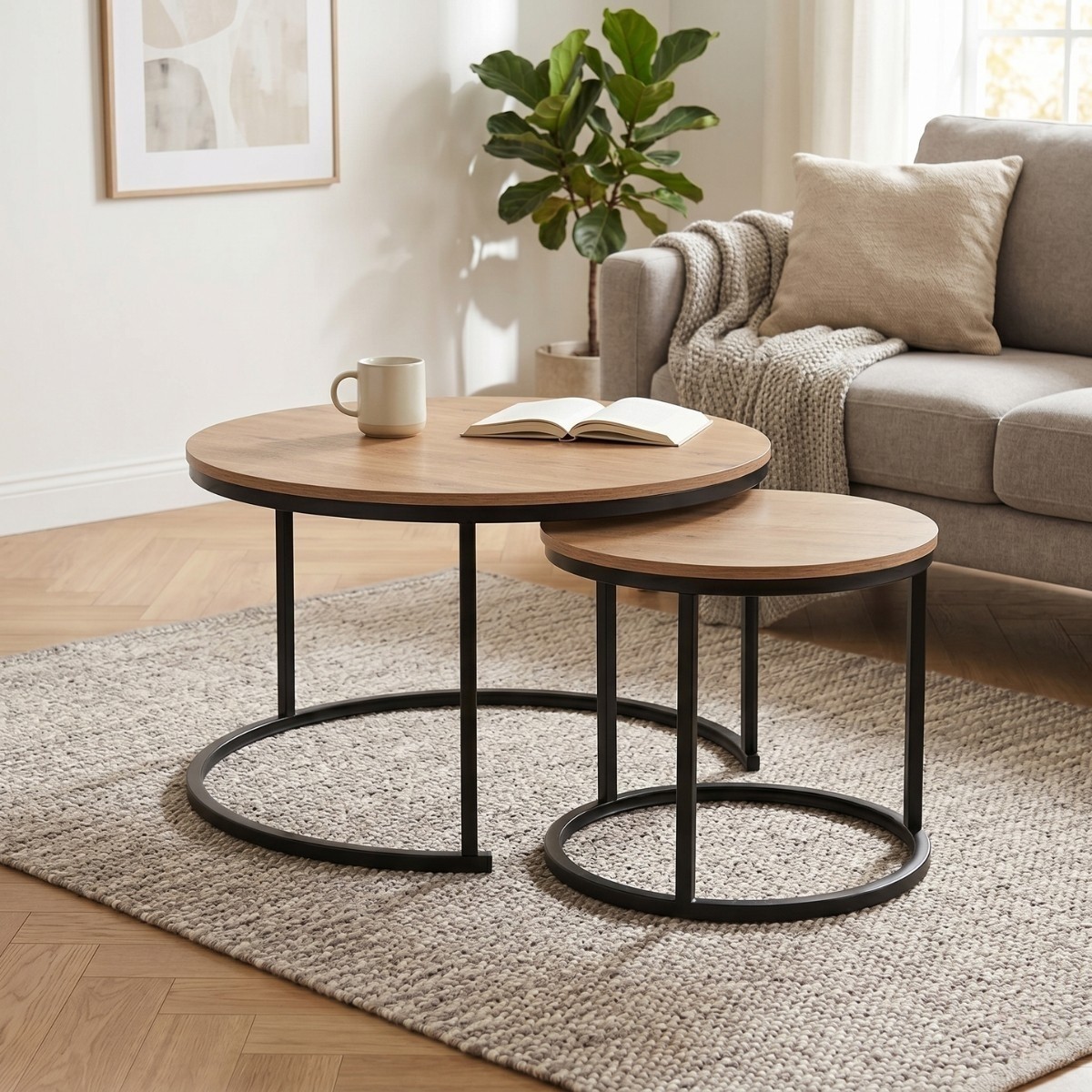 Lot de 2 Tables Basses Gigognes Rondes L70 cm - LENNY chêne et noir, CALICOSY