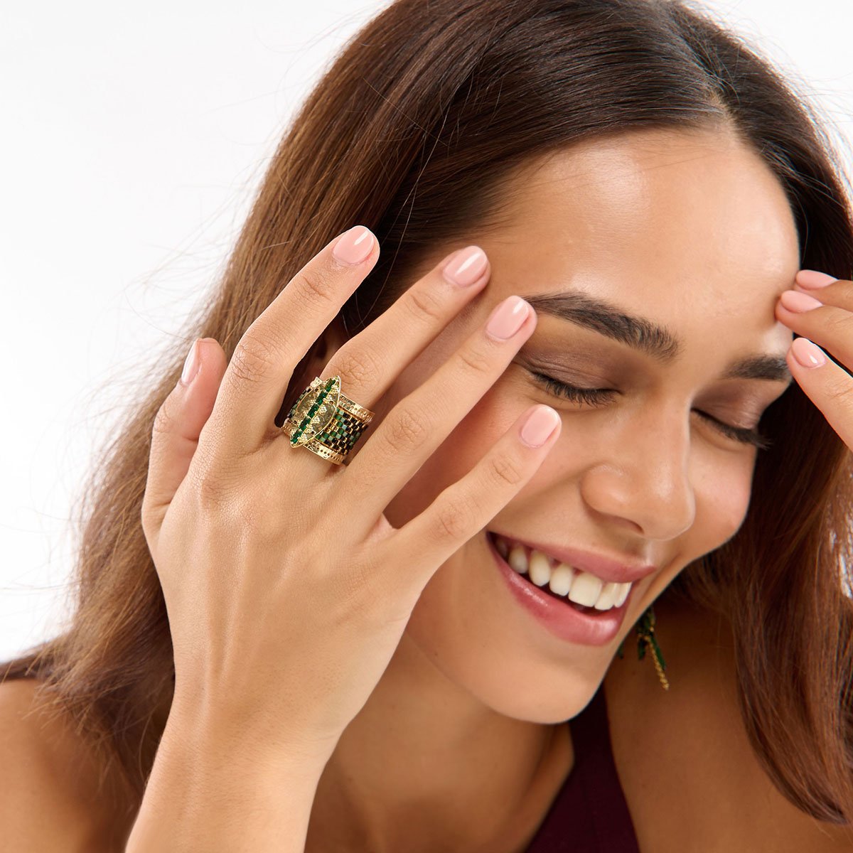Bague réglable cabochon central et perles tissées LOOXOR vert, HIPANEMA
