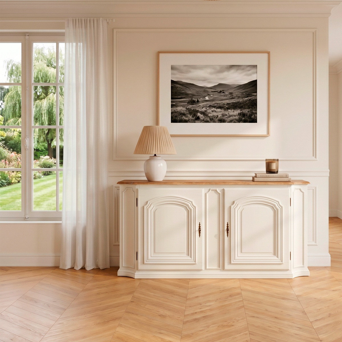 Buffet style shabby chic, plateau chêne, 2 portes ELISABETH blanc, ROBIN DES BOIS