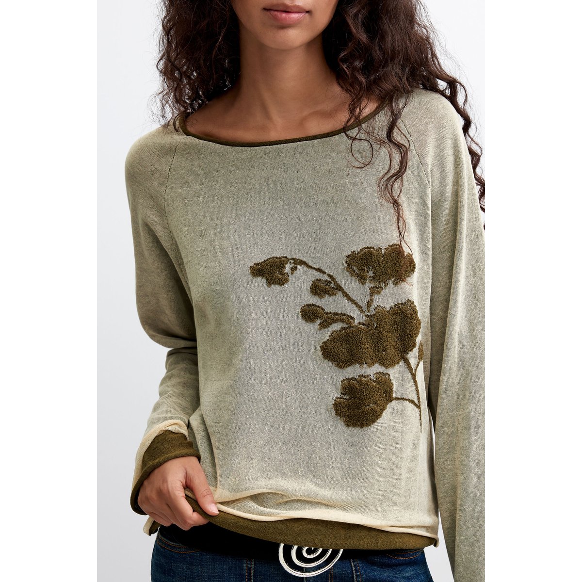 pull fin à fleurs vert, DESIGUAL