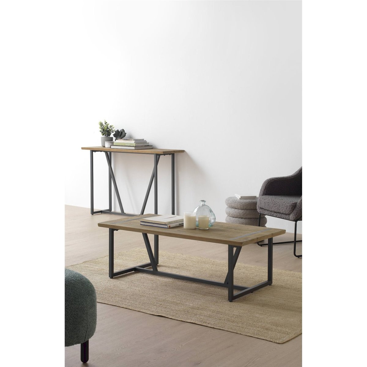 Table basse rectangulaire en bois et métal bois naturel et métal noir, RECOLLECTION