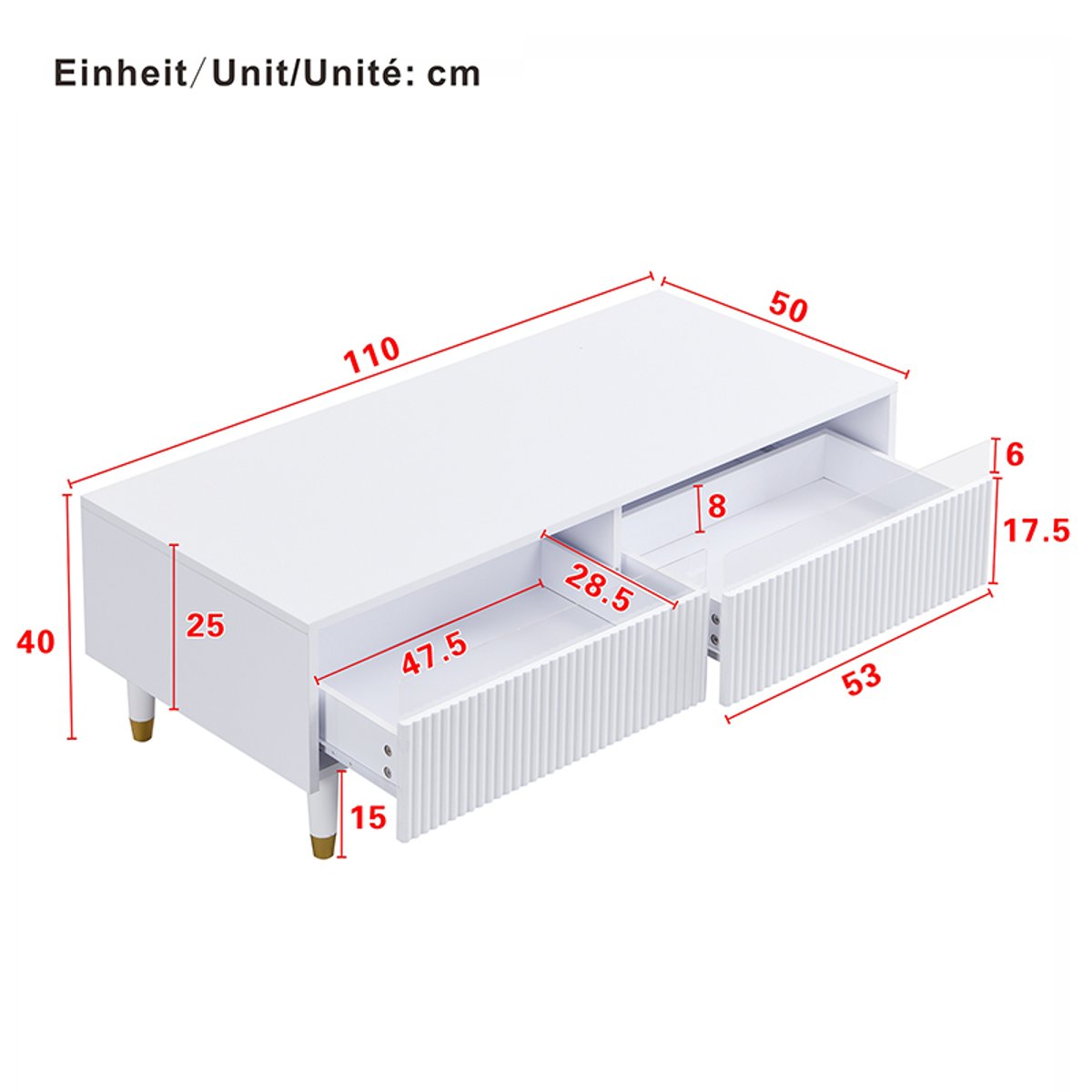 Table basse avec 2 tiroirs style moderne, CATTAIL white, MEUBLES COSY