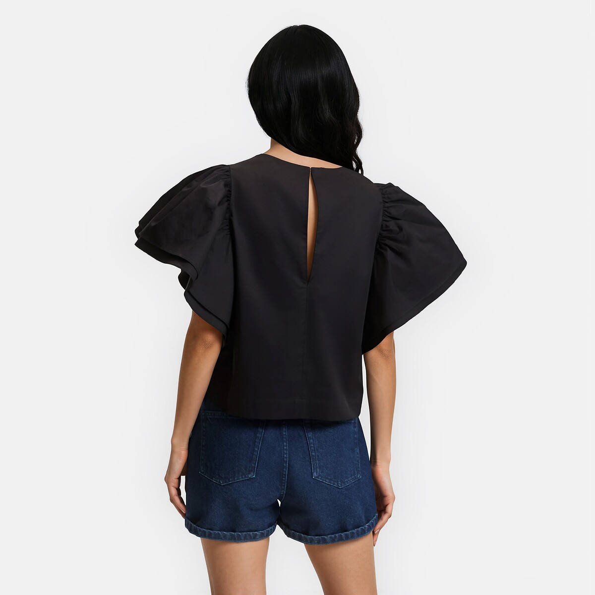 Blouse col rond manches courtes volantées noir, LA REDOUTE COLLECTIONS