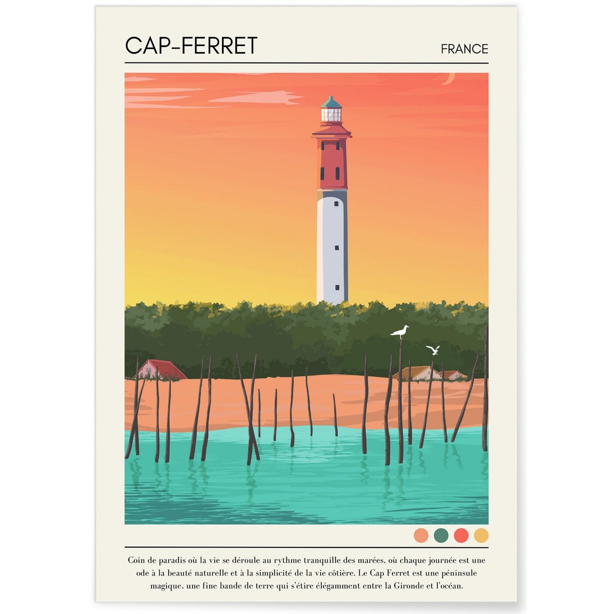 Affiche ville Cap-Ferret Vintage blanc, L'AFFICHERIE