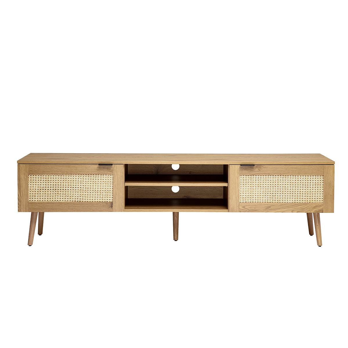 Meuble TV finition bois clair, cannage rotin et métal noir 2 portes L180 cm MANILLE marron, MILIBOO