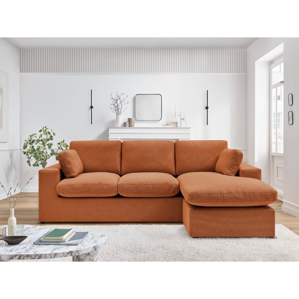 Canapé d'angle fixe 3 places en tissu, BELAIR orange, BOBOCHIC