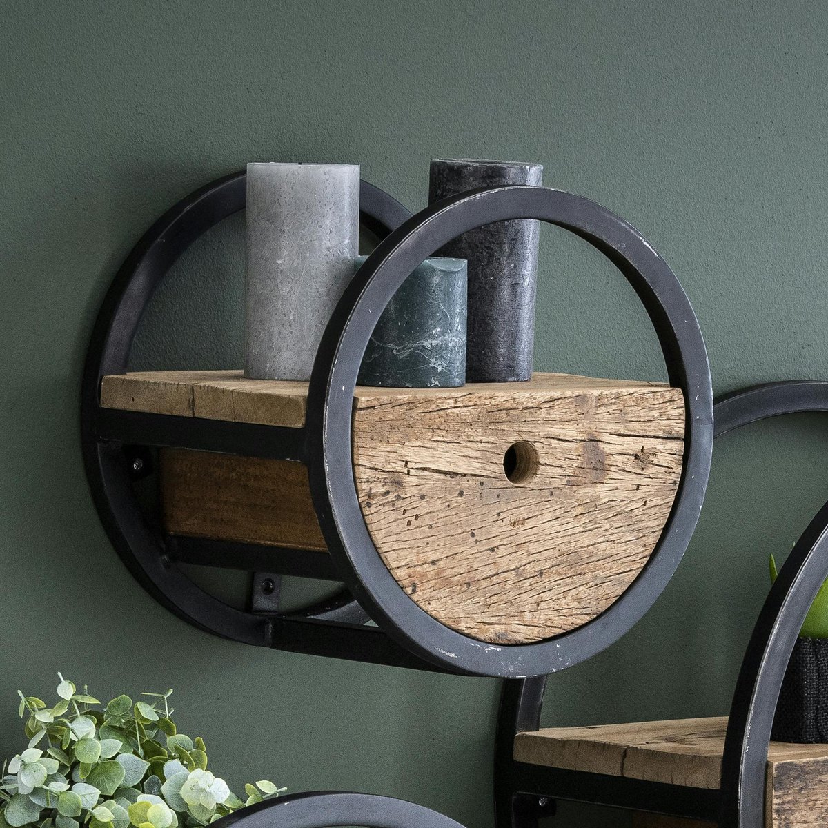 Etagère murale ronde 30 cm bois et métal industriel CYCLADES bois naturel, PIER IMPORT