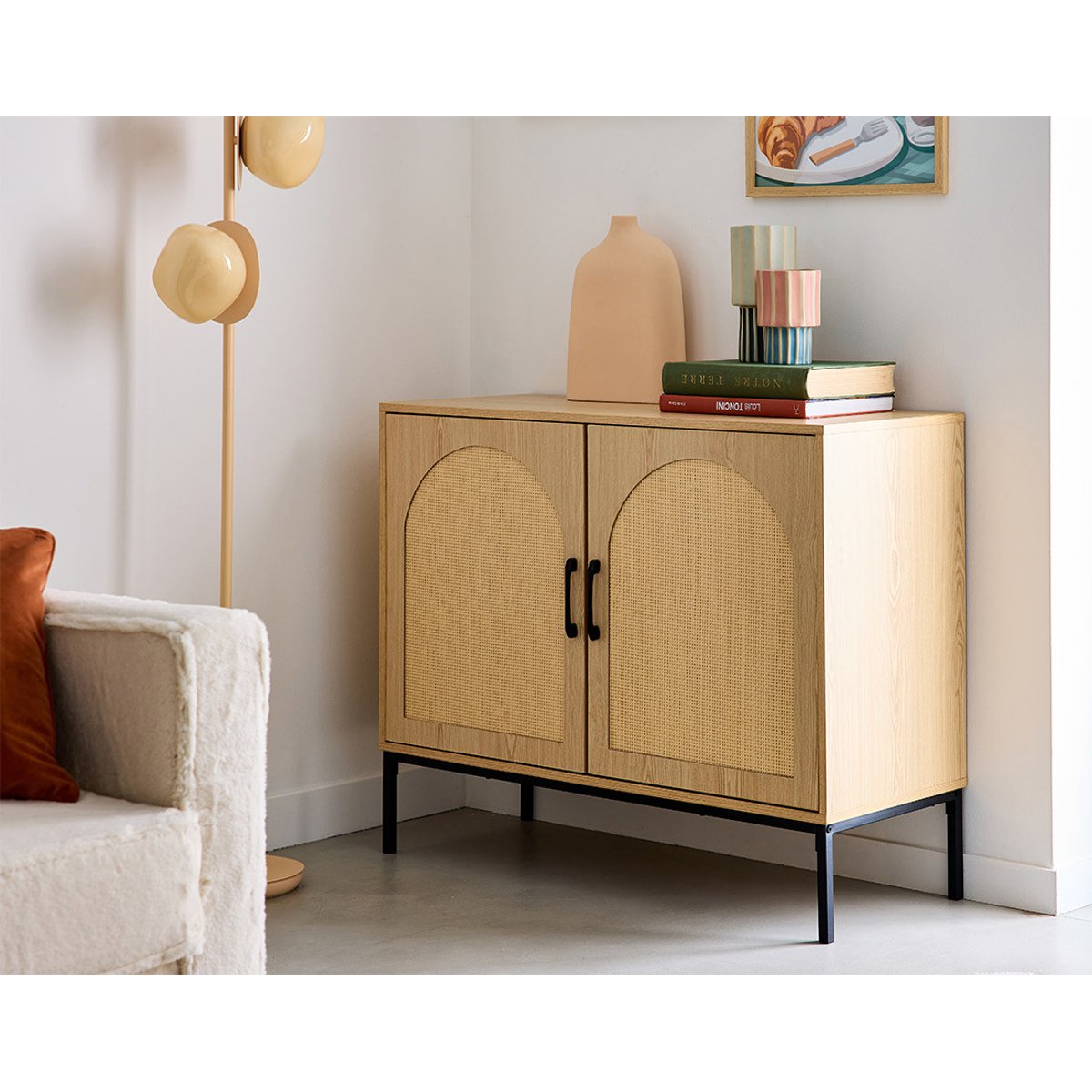 Buffet bas cannage et effet bois 2 portes, NAGATO bois / noir, BEST MOBILIER