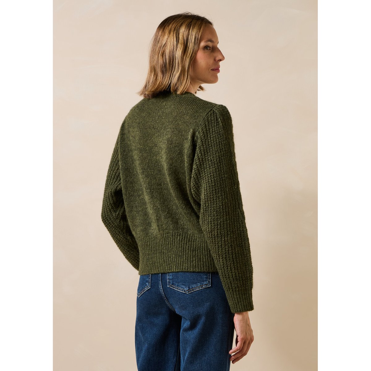 Pull manches longues en maille irisée col rond kaki, LA FEE MARABOUTEE