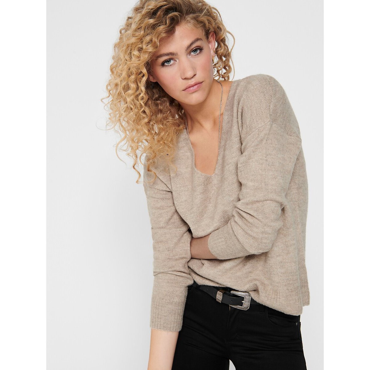 Maglione scollo a V in maglia fine beige, JDY