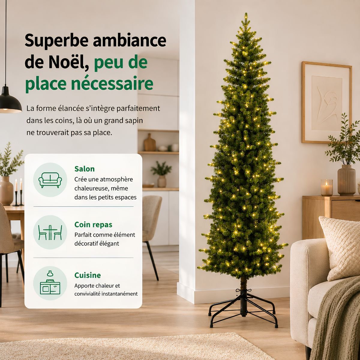 Sapin de Noël artificiel étroit et enneigé avec LED H260 cm HARMA vert, BLACK BOX TREES