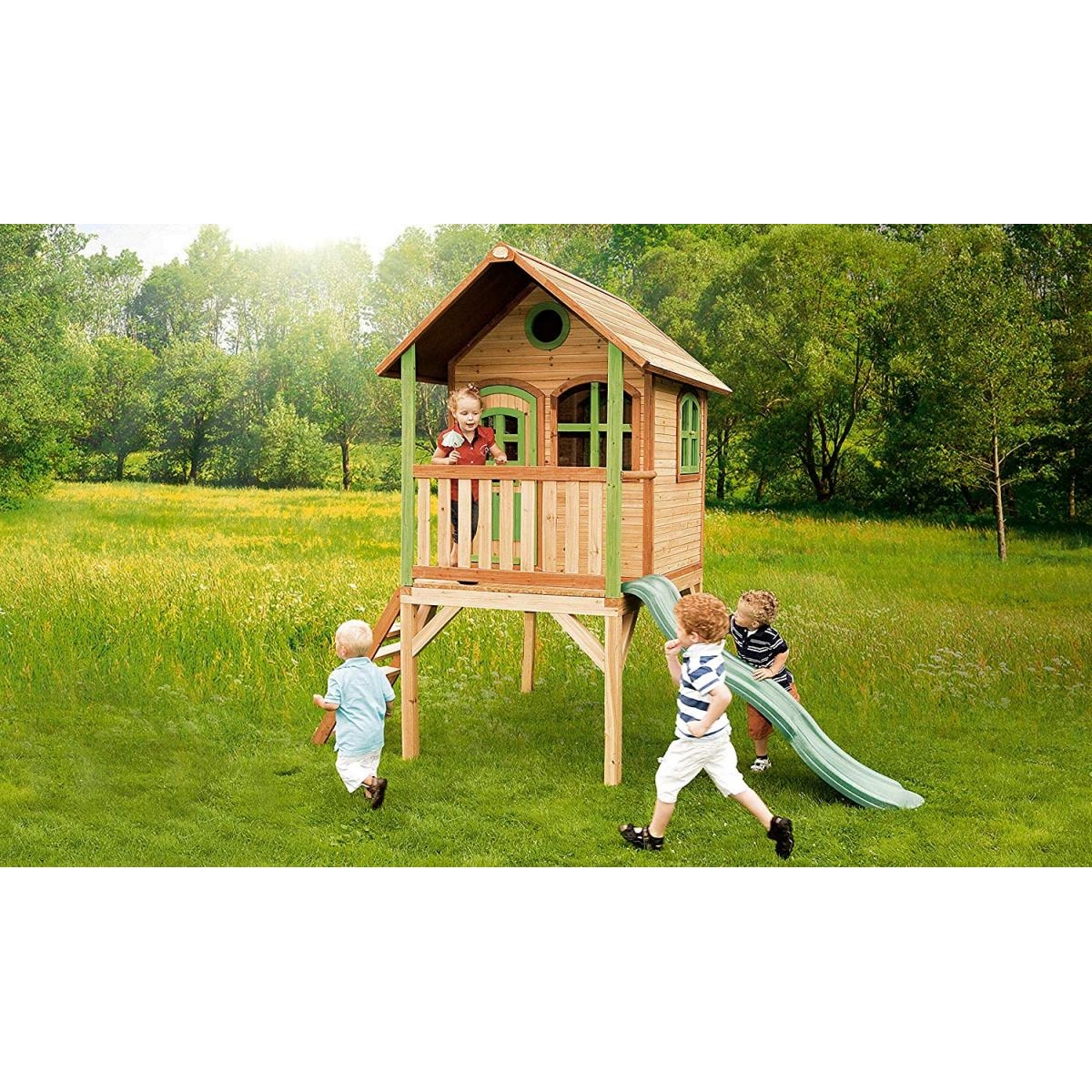 AXI Cabane enfant LAURA Brun Vert avec toboggan Vert couleur unique, AXI HOUSE