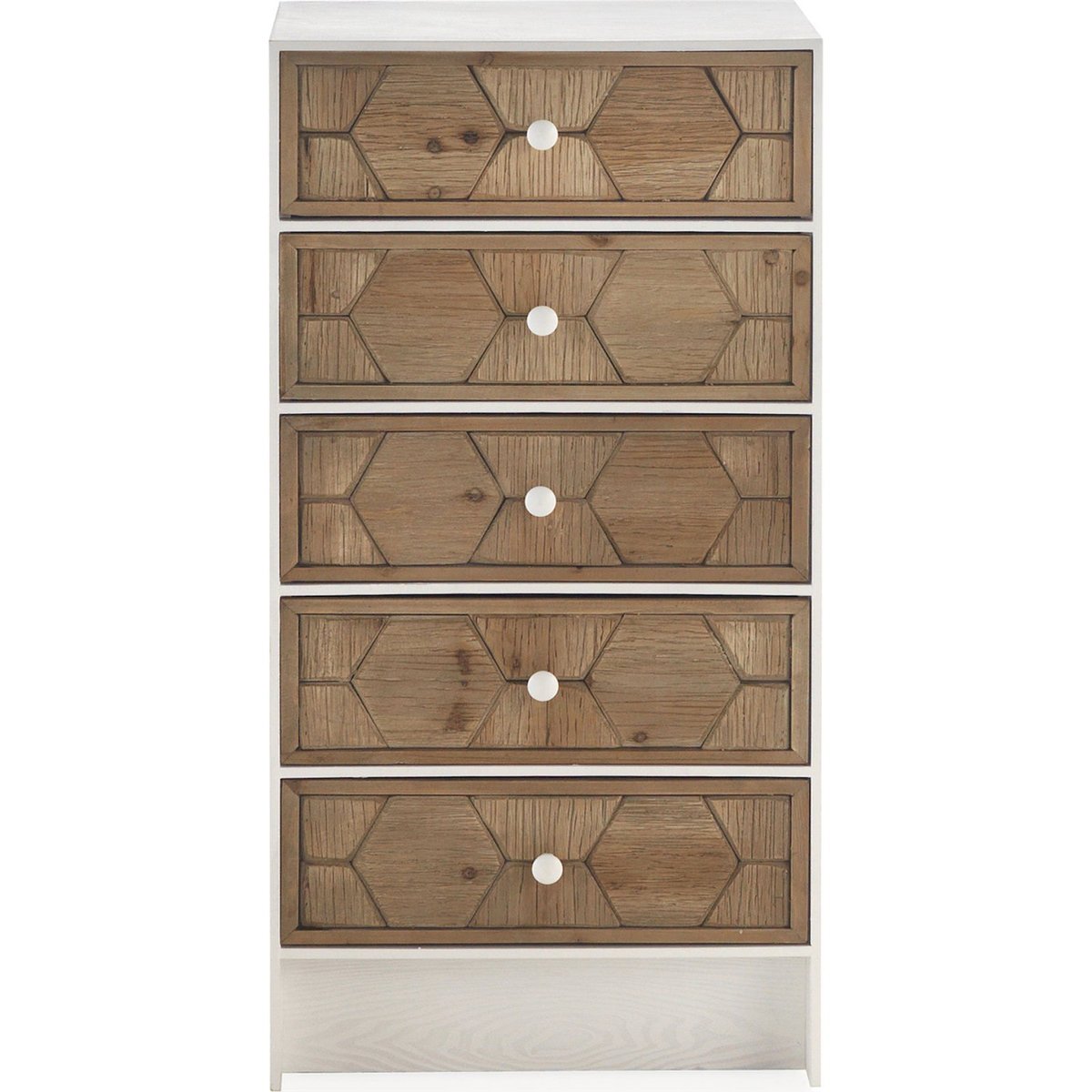 Commode 5 tiroirs en bois, Déco hexagonale blanc frêne et bois naturel, RECOLLECTION