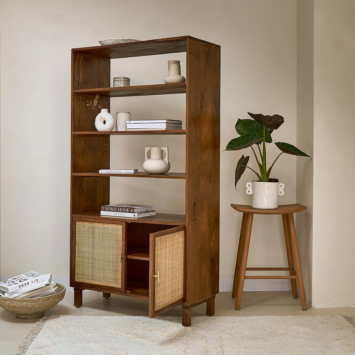 Bibliothèque en bois de manguier et cannage RAPHAEL marron, BERAH GETAH