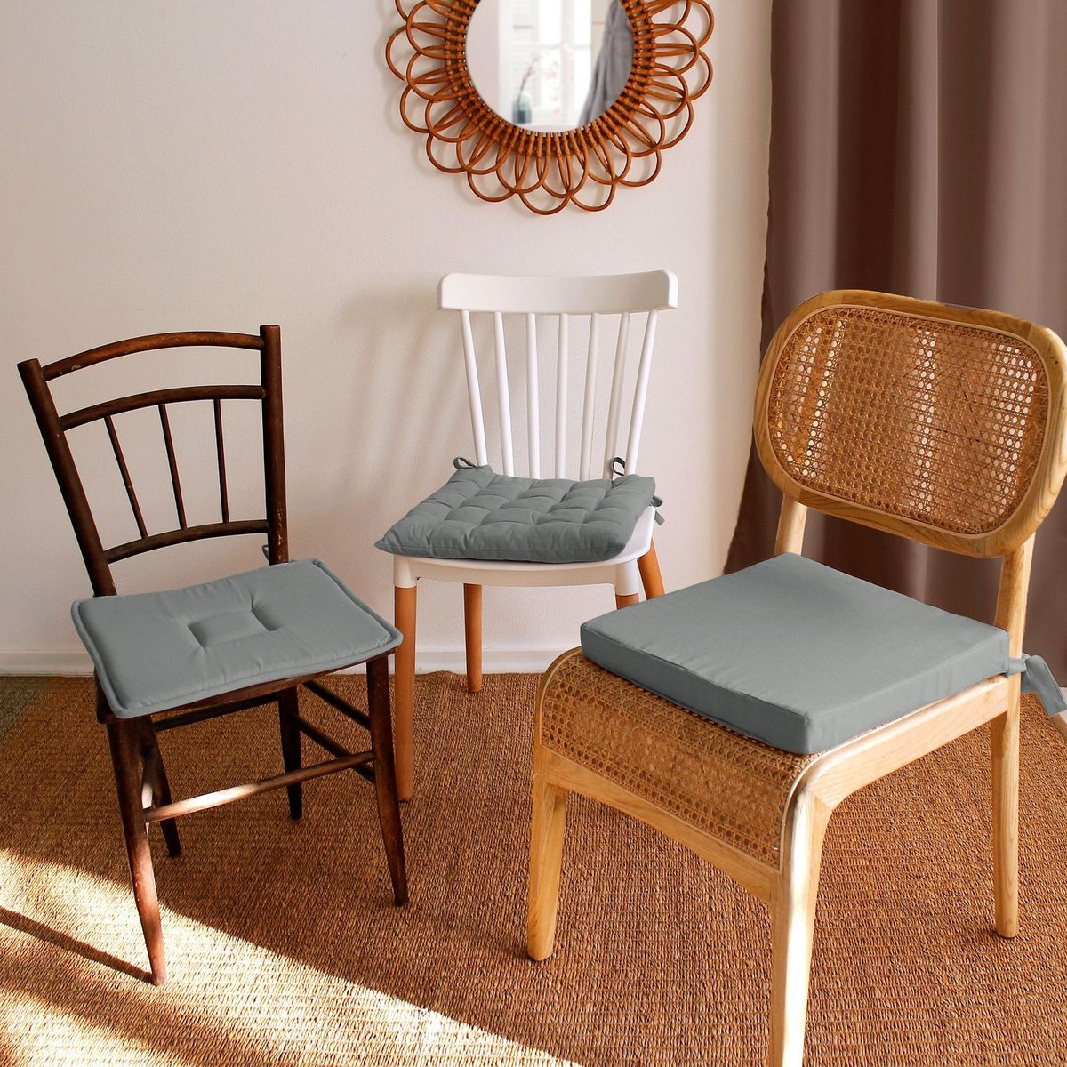 Lot de 2 galettes de chaise en coton PANAMA gris, TOILINUX