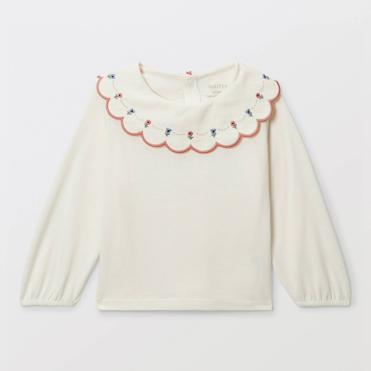 T-shirt manches longues uni à col brodé en coton BIO GOTS naturel, BOUT'CHOU