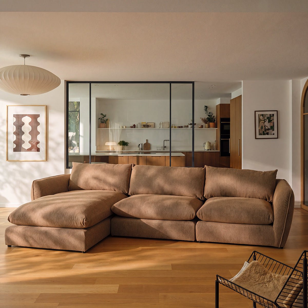 Canapé modulable angle gauche 3 places en tissu texturé LEOPOLD marron clair chiné, BERAH GETAH