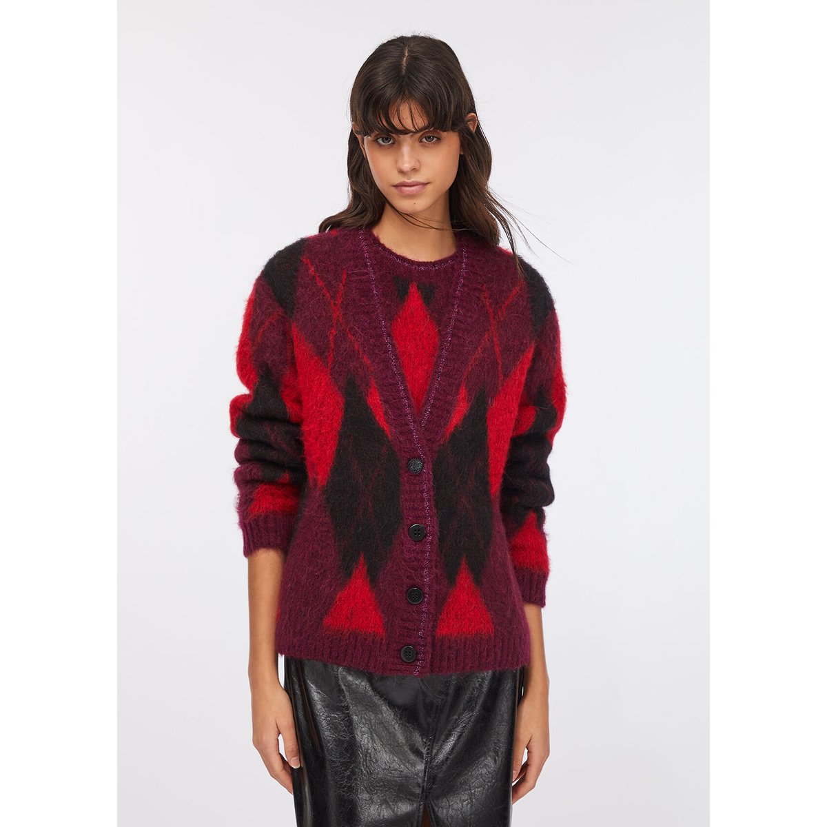Cardigan à losanges en laine et alpaga rouge, LIU JO