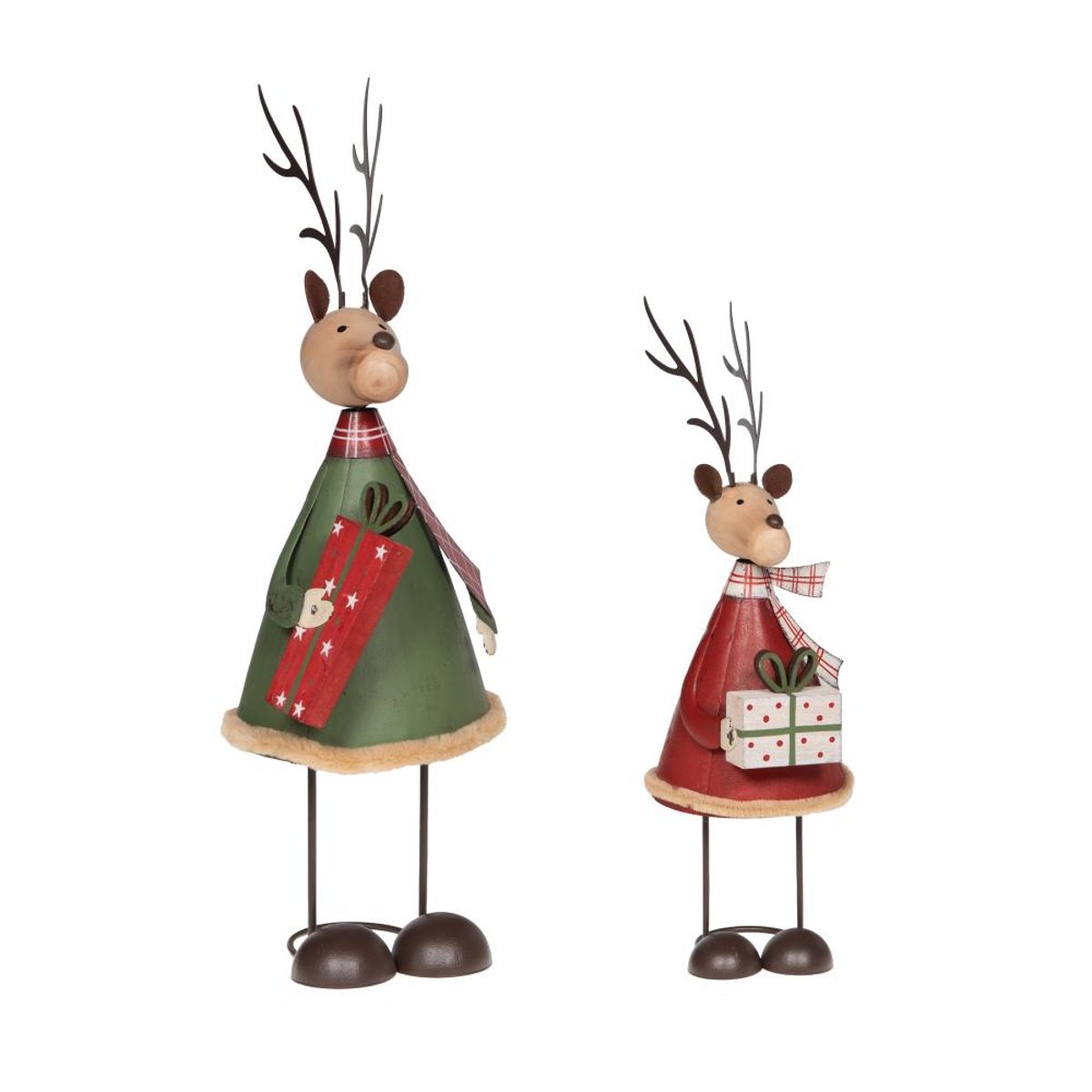 Set de 2 rennes de Noël à poser 22 cm en métal et rouge vert, AMADEUS