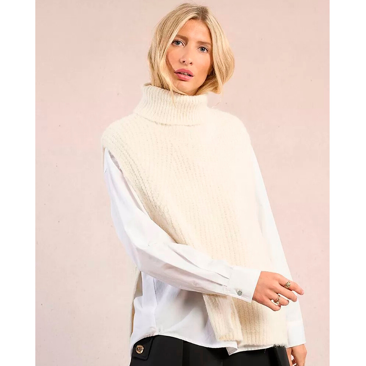 Sleeveless Knitted Turtleneck Jumper ecru , MOLLY BRACKEN