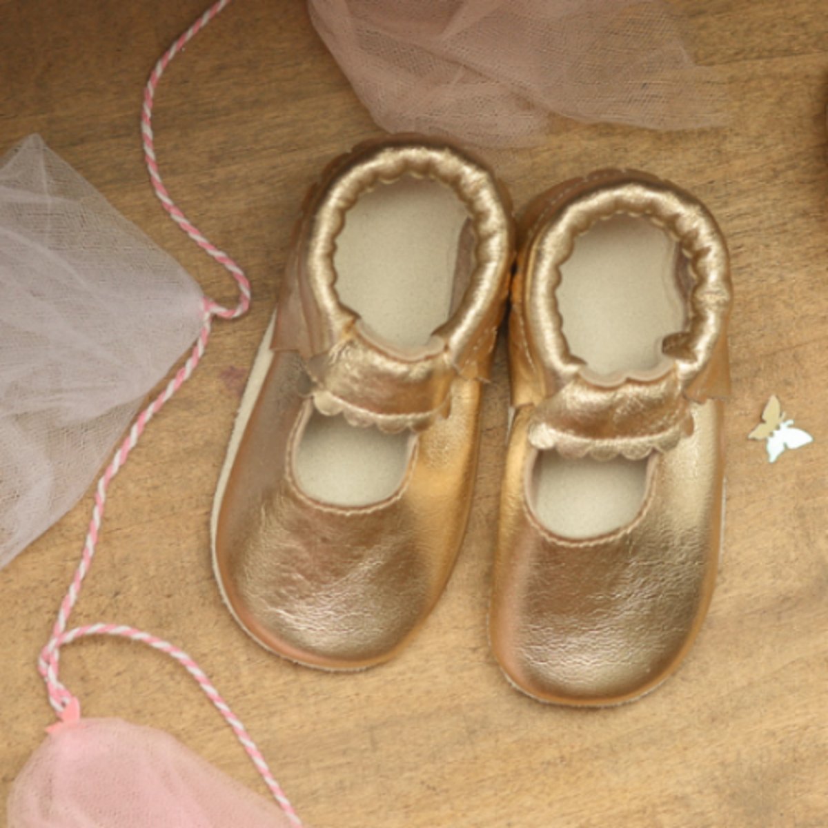 Chaussons cuir souple uni ouvert doré, TICHOUPS