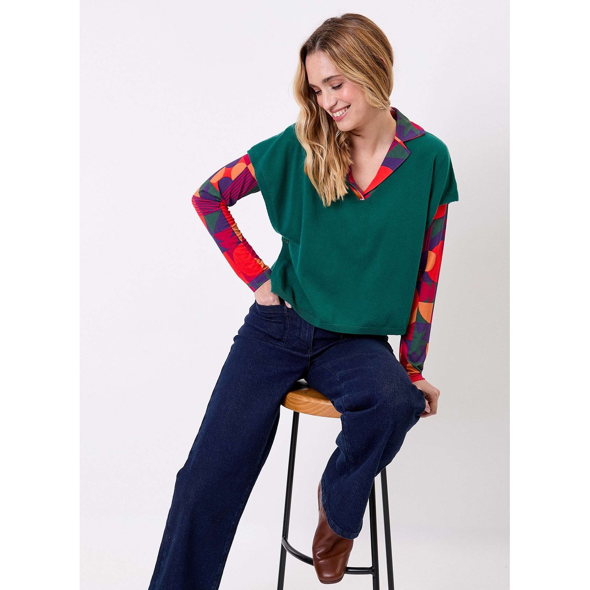 Pull maille sans manche col V SATINKA vert, LA FIANCÉE