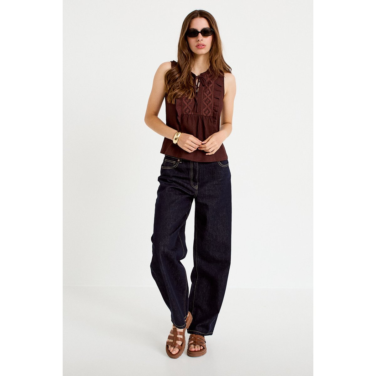 Blouse sans manches col v marron, CACHE CACHE