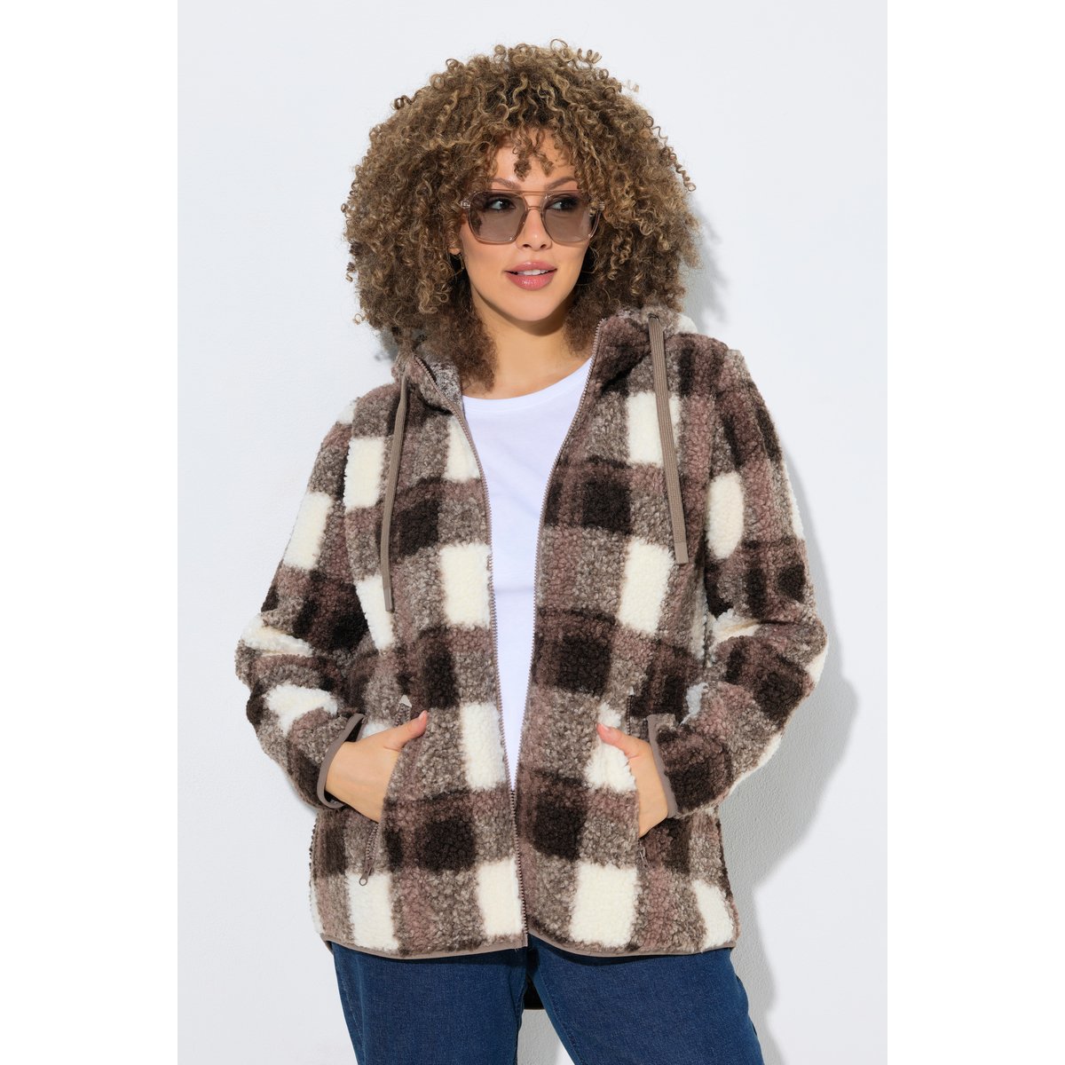 Veste longue en polaire bouclée taupe foncé, ULLA POPKEN