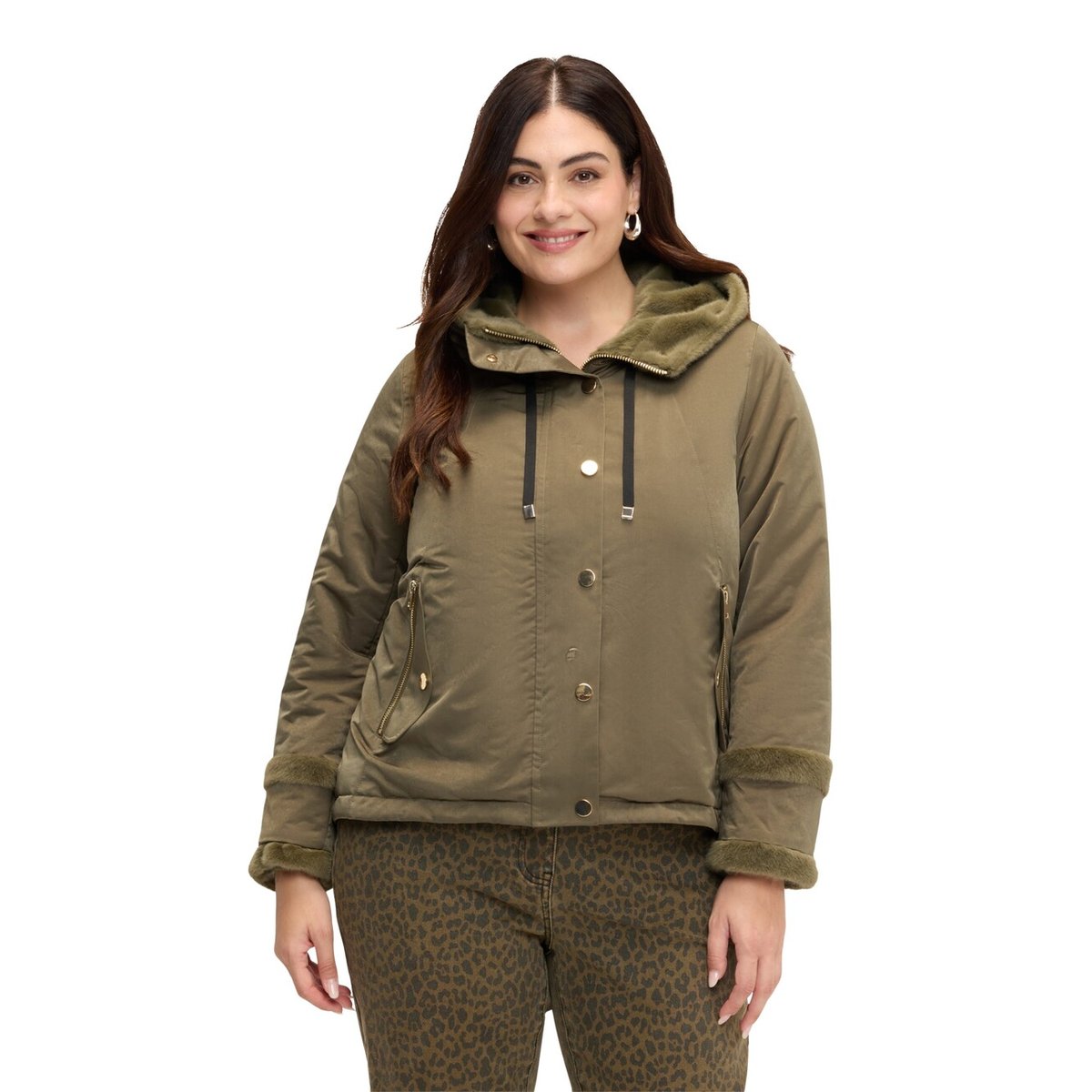 Veste matelassée avec détails en peluche verde militare, FIORELLA RUBINO
