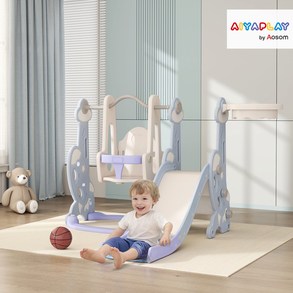 Ensemble balançoire et toboggan pour enfants bleu clair, blanc, AIYAPLAY