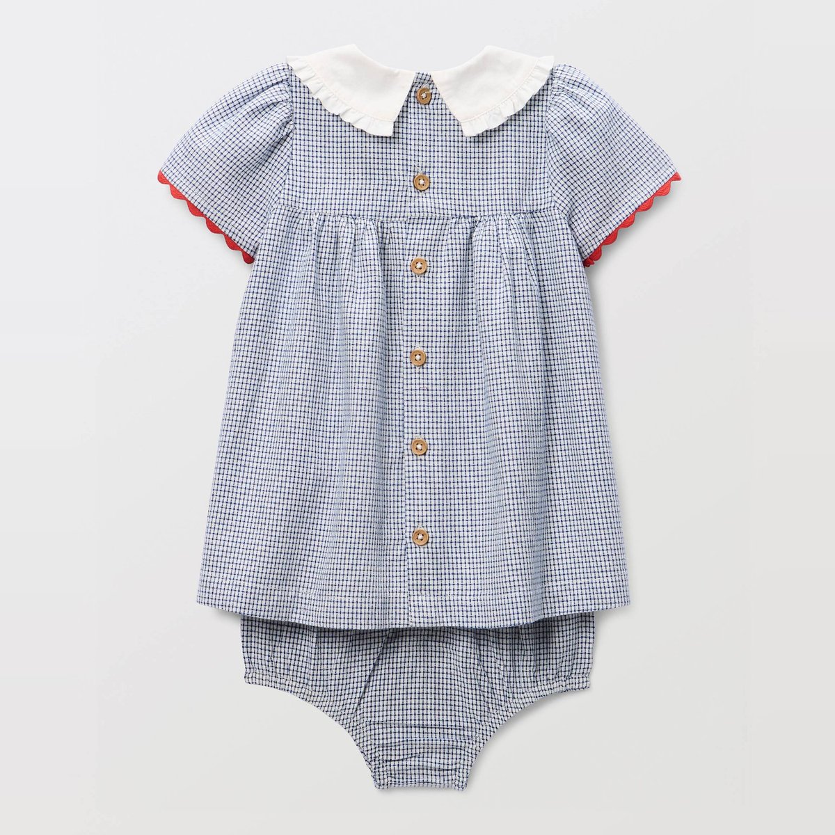 Robe avec bloomer à carreaux et à col brodé en coton pierre bleue, BOUT'CHOU