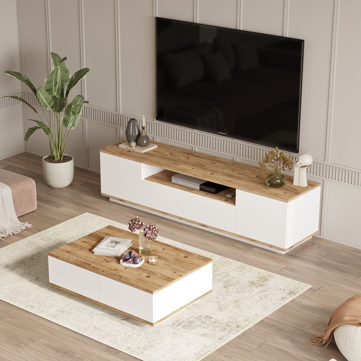 Ensemble meuble TV et table basse - RAVIA blanc & bois, HOMIFAB
